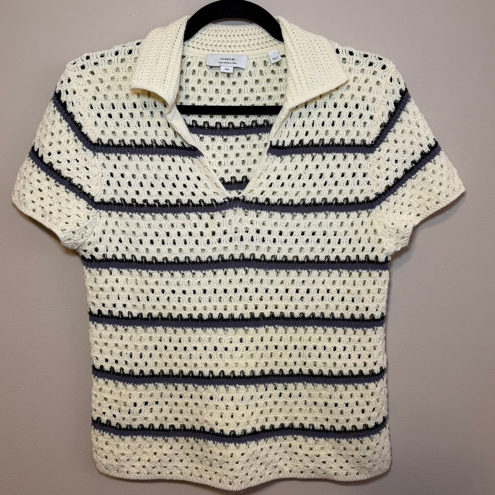 Vince Crochet Macrame Polo Top Cream Navy Striped Open Knit Cotton V-Neck Medium